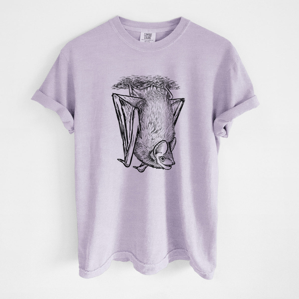 Orchid purple Comfort Colors t-shirt laid flat, printed with a detailed black ink illustration of a big brown bat hanging upside down.