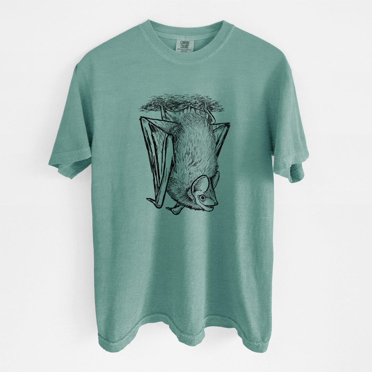 Reef green Comfort Colors t-shirt laid flat, printed with a detailed black ink illustration of a big brown bat hanging upside down.