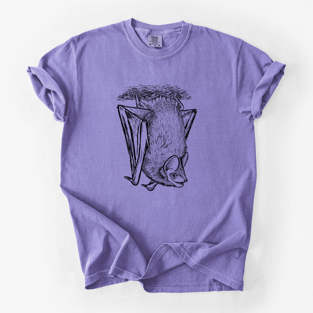 Violet purple Comfort Colors t-shirt laid flat, printed with a detailed black ink illustration of a big brown bat hanging upside down.