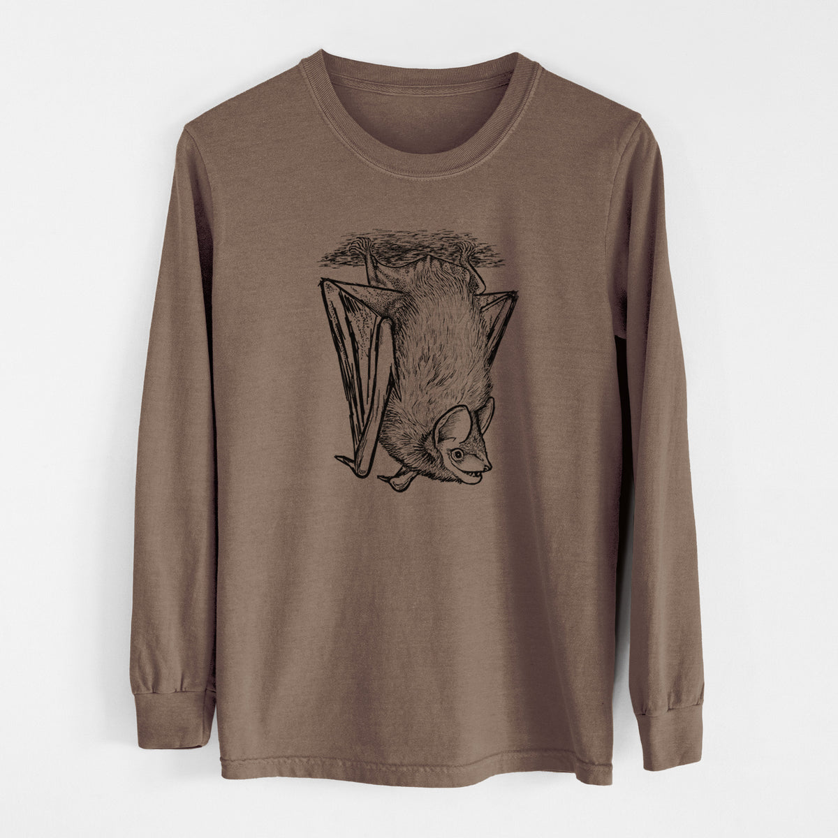 Espresso brown Comfort Colors long sleeve shirt laid flat, printed with a detailed black ink illustration of a big brown bat hanging upside down.