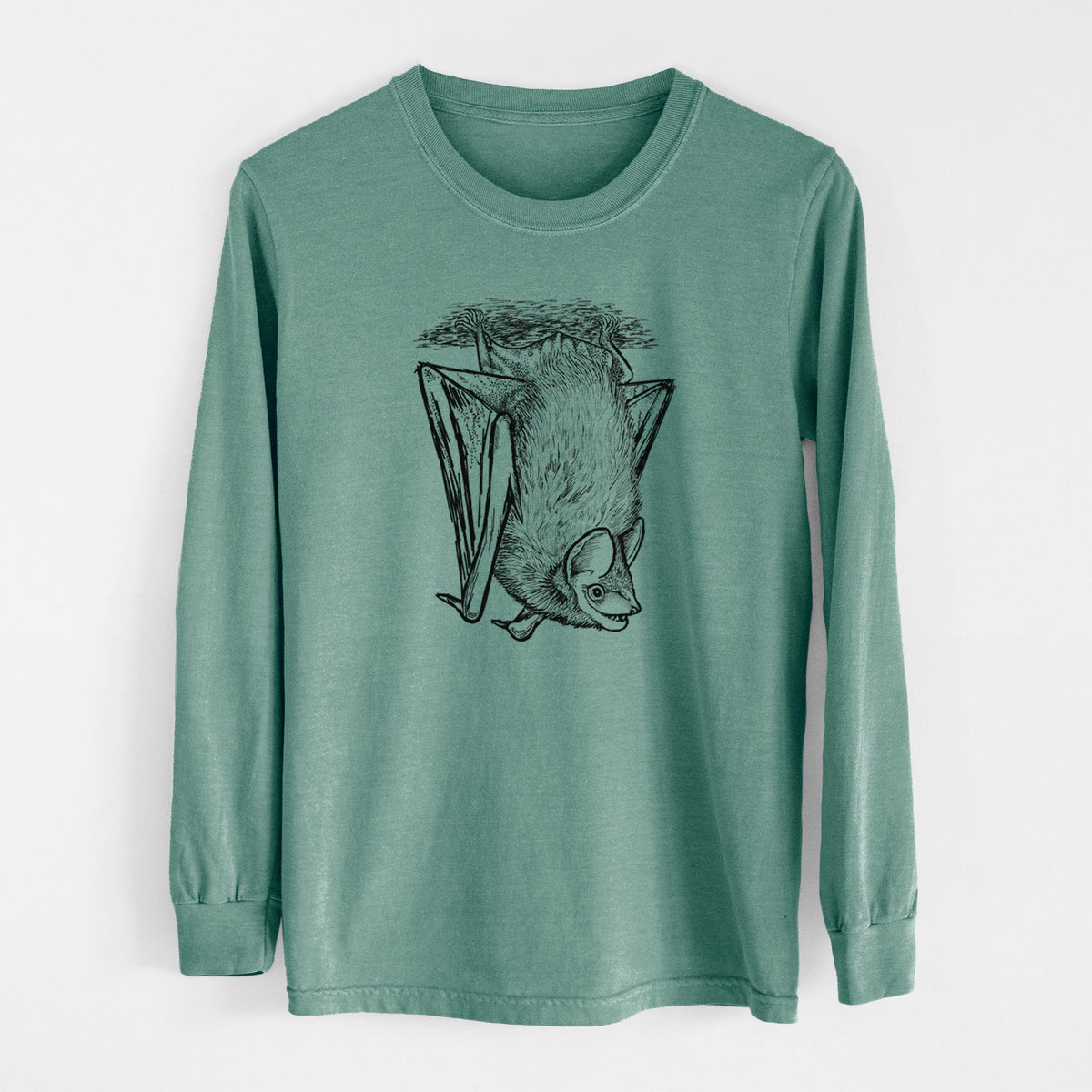 Pine green Comfort Colors long sleeve shirt laid flat, printed with a detailed black ink illustration of a big brown bat hanging upside down.