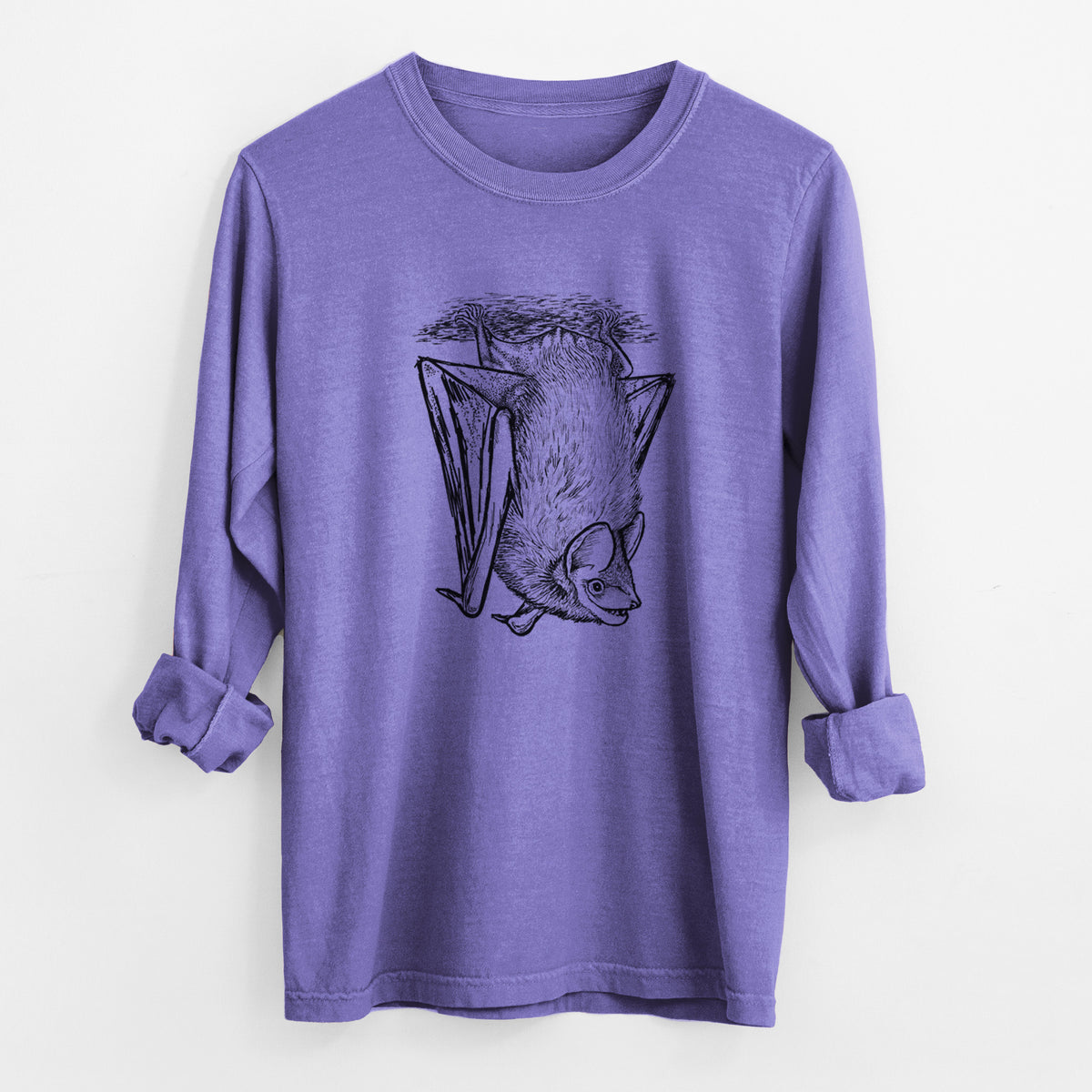 Violet purple Comfort Colors long sleeve shirt laid flat with the cuffs rolled, printed with a detailed black ink illustration of a big brown bat hanging upside down.