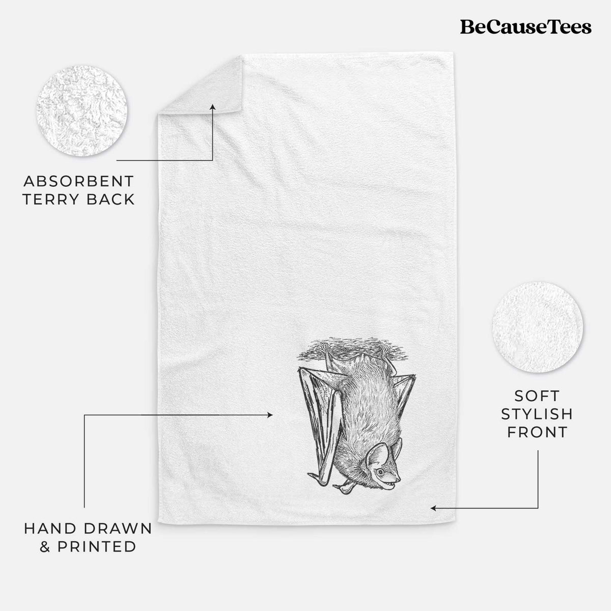 White hand towel printed with a detailed black ink illustration of a big brown bat hanging upside down.