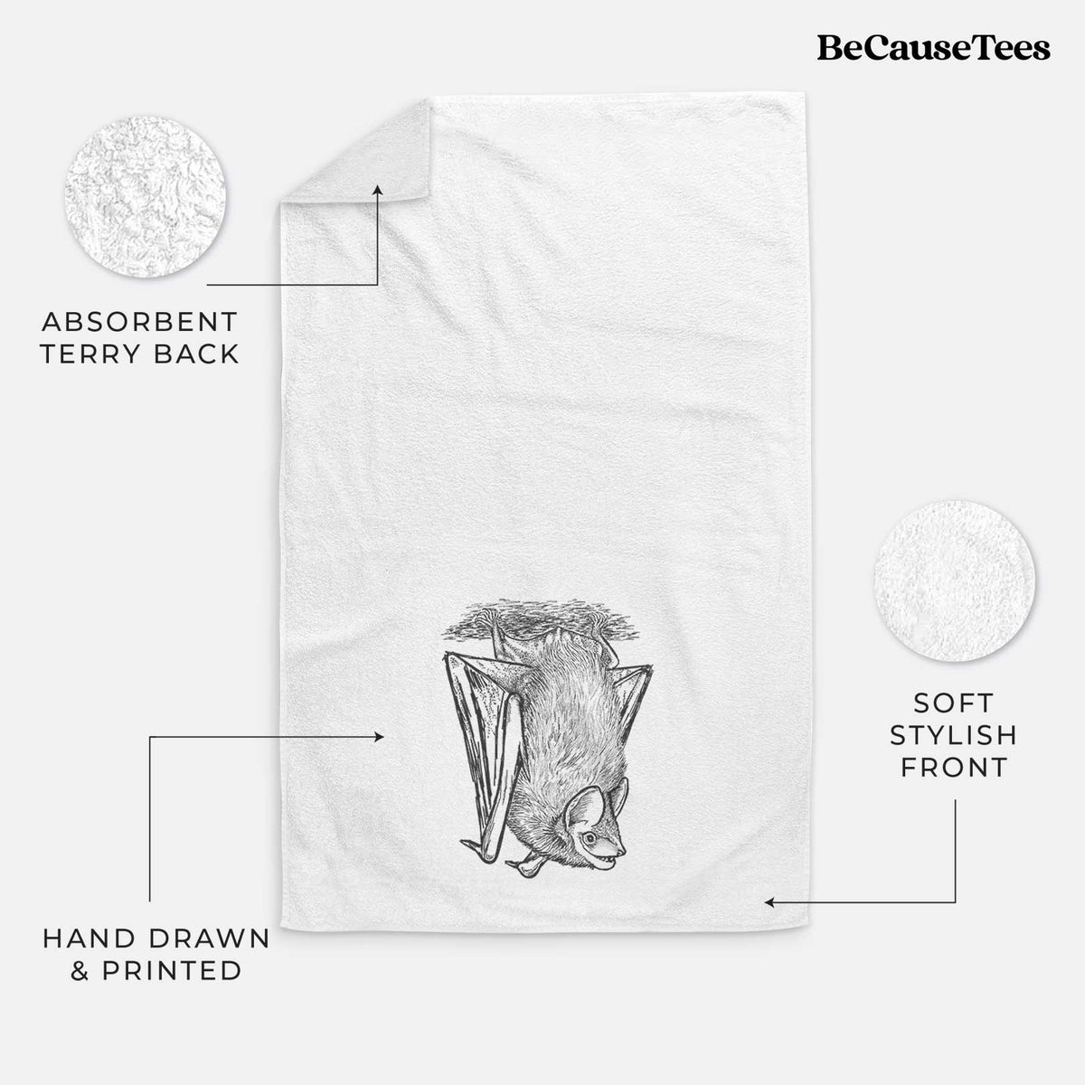 White hand towel printed with a detailed black ink illustration of a big brown bat hanging upside down.