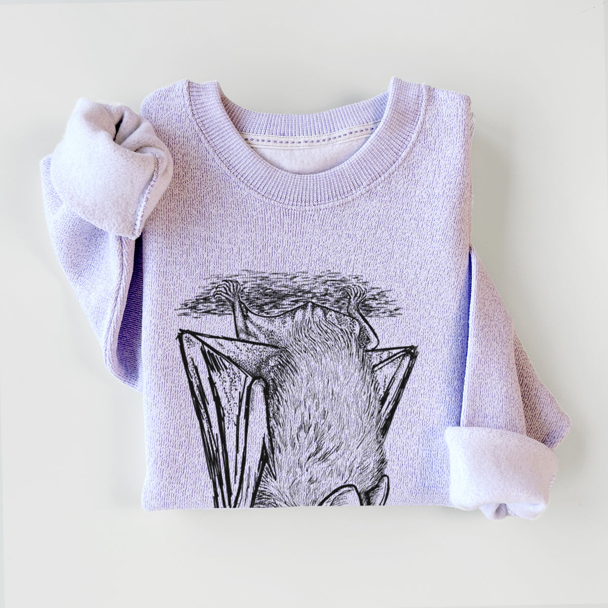 Ice purple knit sweatshirt printed with a detailed black ink illustration of a big brown bat hanging upside down, styled flat.