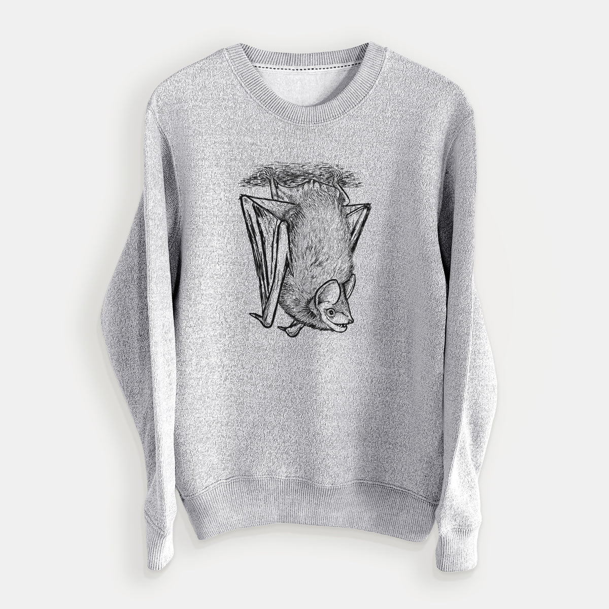 Salt and pepper knit sweatshirt laid flat, printed with a detailed black ink illustration of a big brown bat hanging upside down.