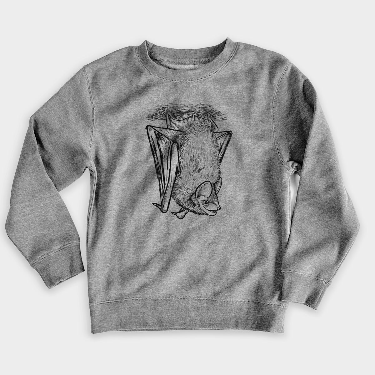 Nickel grey youth crewneck sweatshirt laid flat, printed with a detailed black ink illustration of a big brown bat hanging upside down.