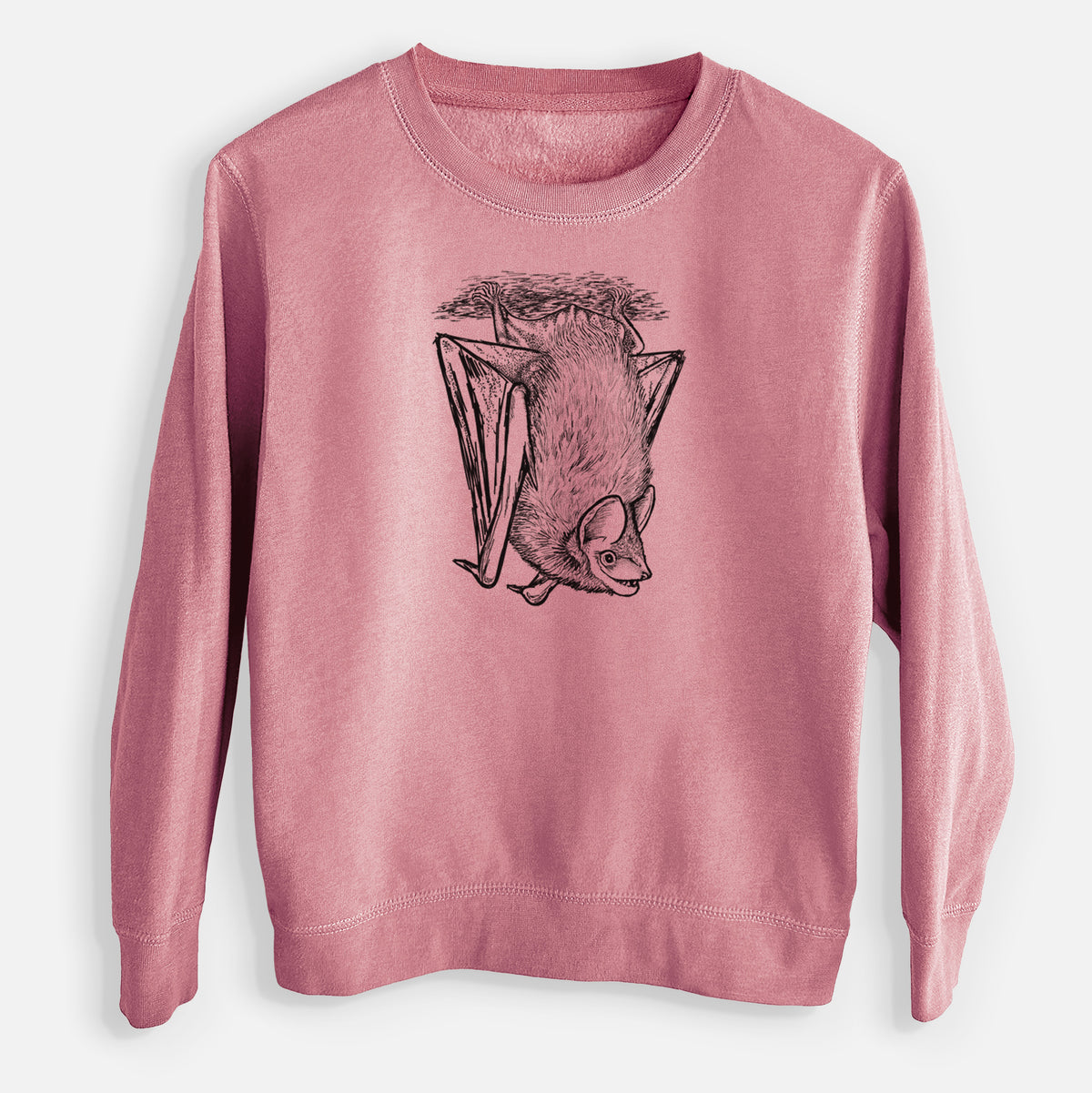 Mauve pink youth crewneck sweatshirt laid flat, printed with a detailed black ink illustration of a big brown bat hanging upside down.