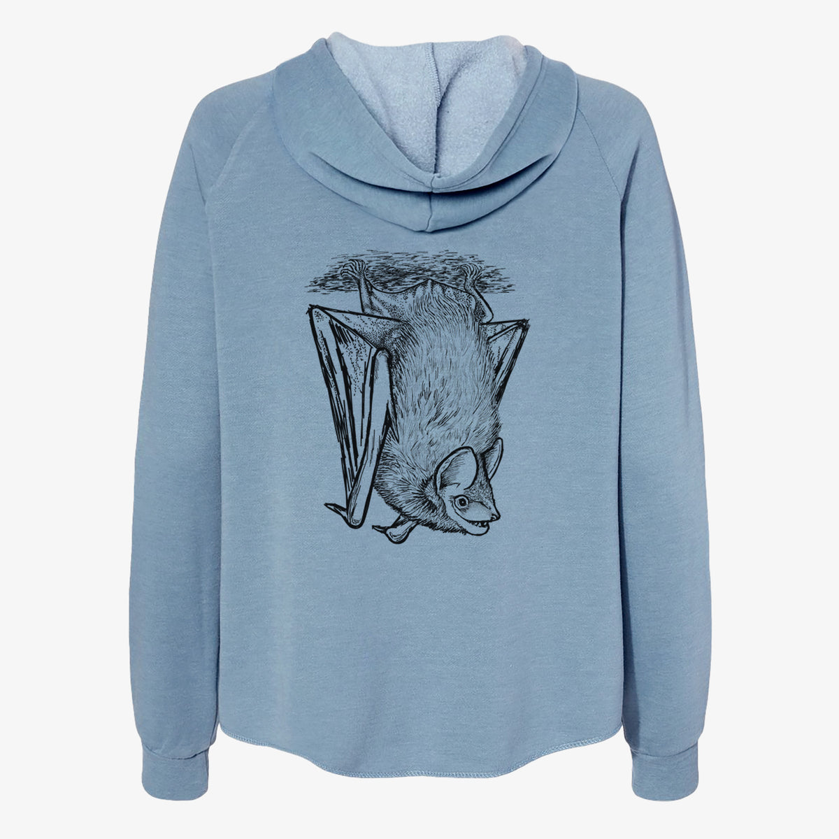 Misty blue women's Cali Wave zip-up sweatshirt laid flat, printed with a detailed black ink illustration of a big brown bat hanging upside down.