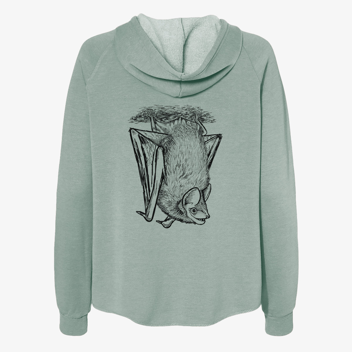Sage green women's Cali Wave zip-up sweatshirt laid flat, printed with a detailed black ink illustration of a big brown bat hanging upside down.