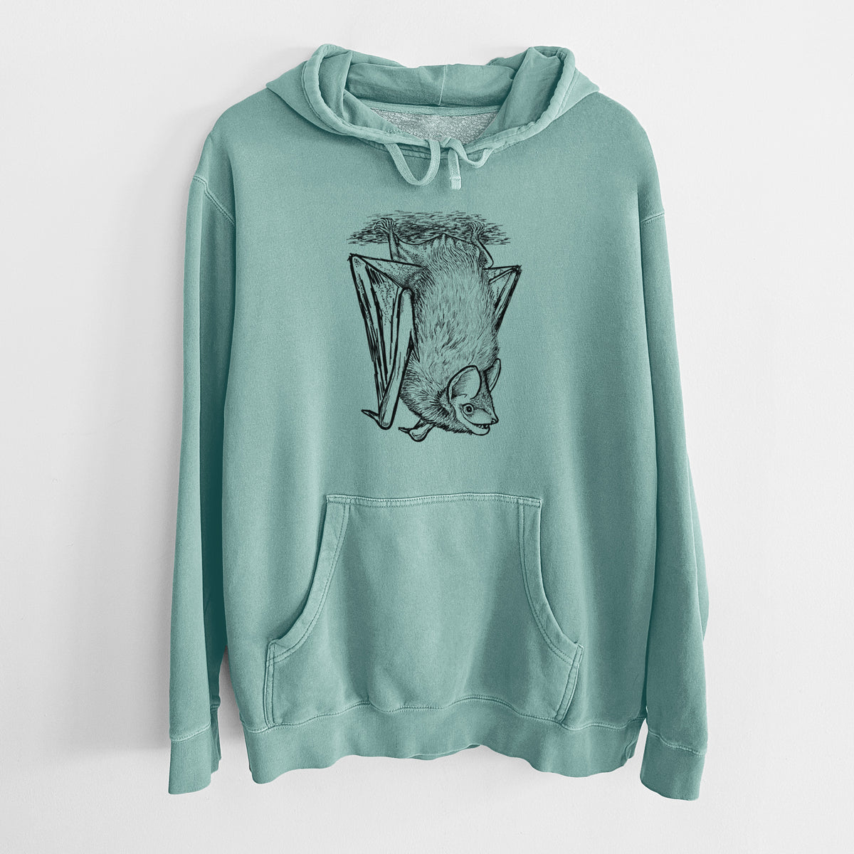 Mint green pigment dyed hoodie laid flat, printed with a detailed black ink illustration of a big brown bat hanging upside down.