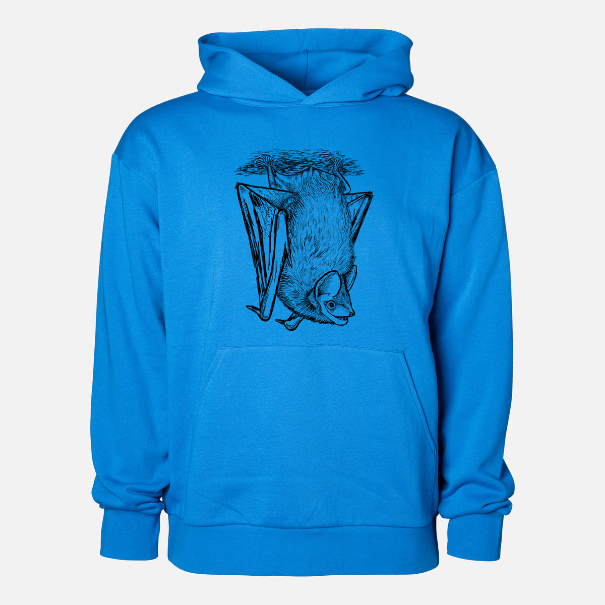 Eptesicus fuscus - Big Brown Bat - Statement Midweight Hoodie in Azure Blue, shown from the front with the design printed on the chest above a front kangaroo pocket.
