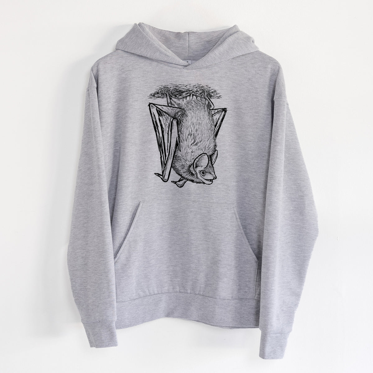 Eptesicus fuscus - Big Brown Bat - Statement Midweight Hoodie in Heather Grey, hanging on a white wall, with a front kangaroo pocket and no drawcords.