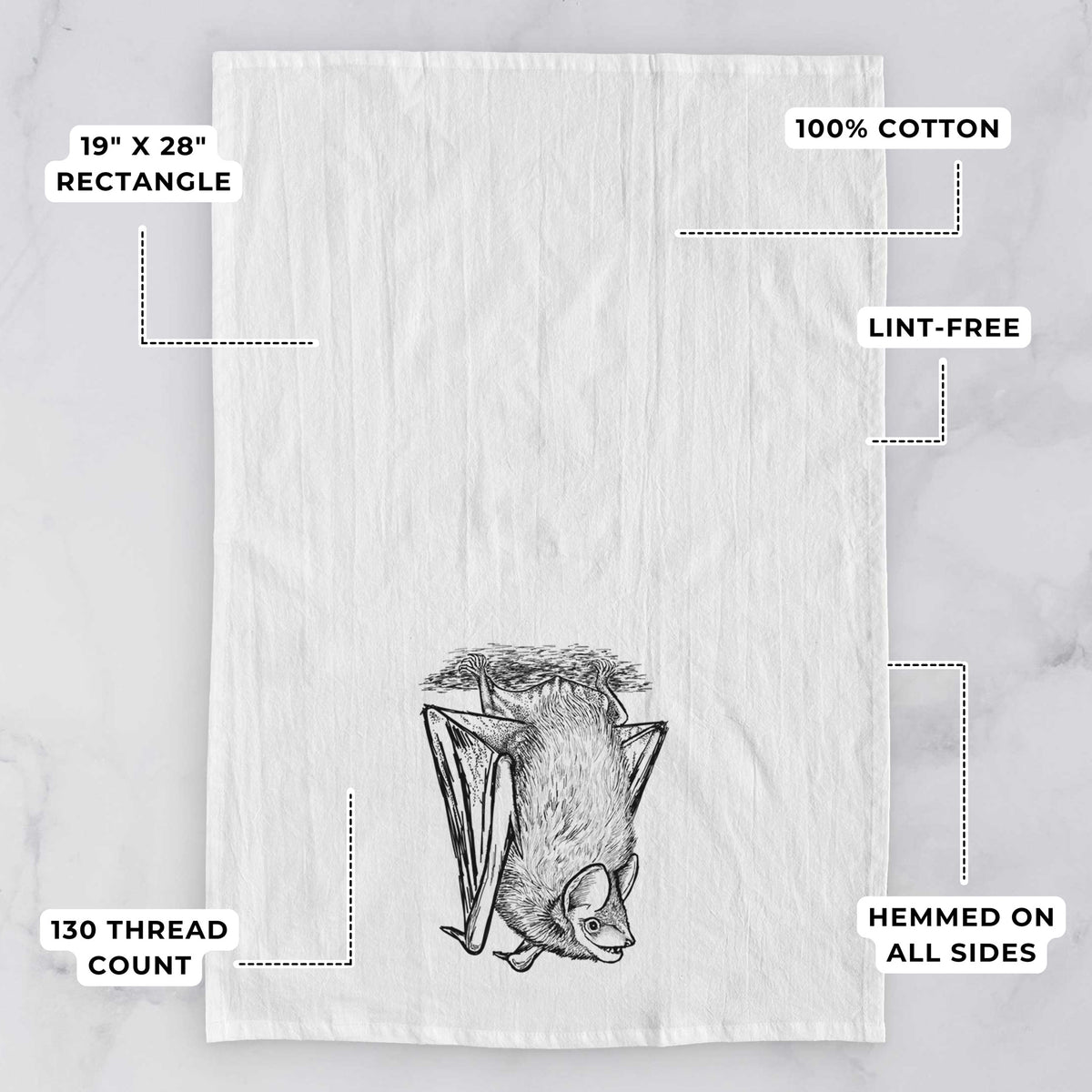 White tea towel printed with a detailed black ink illustration of a big brown bat hanging upside down, with feature labels: 19 by 28 inch rectangle, 100% cotton, lint-free, 130 thread count, hemmed on all sides.
