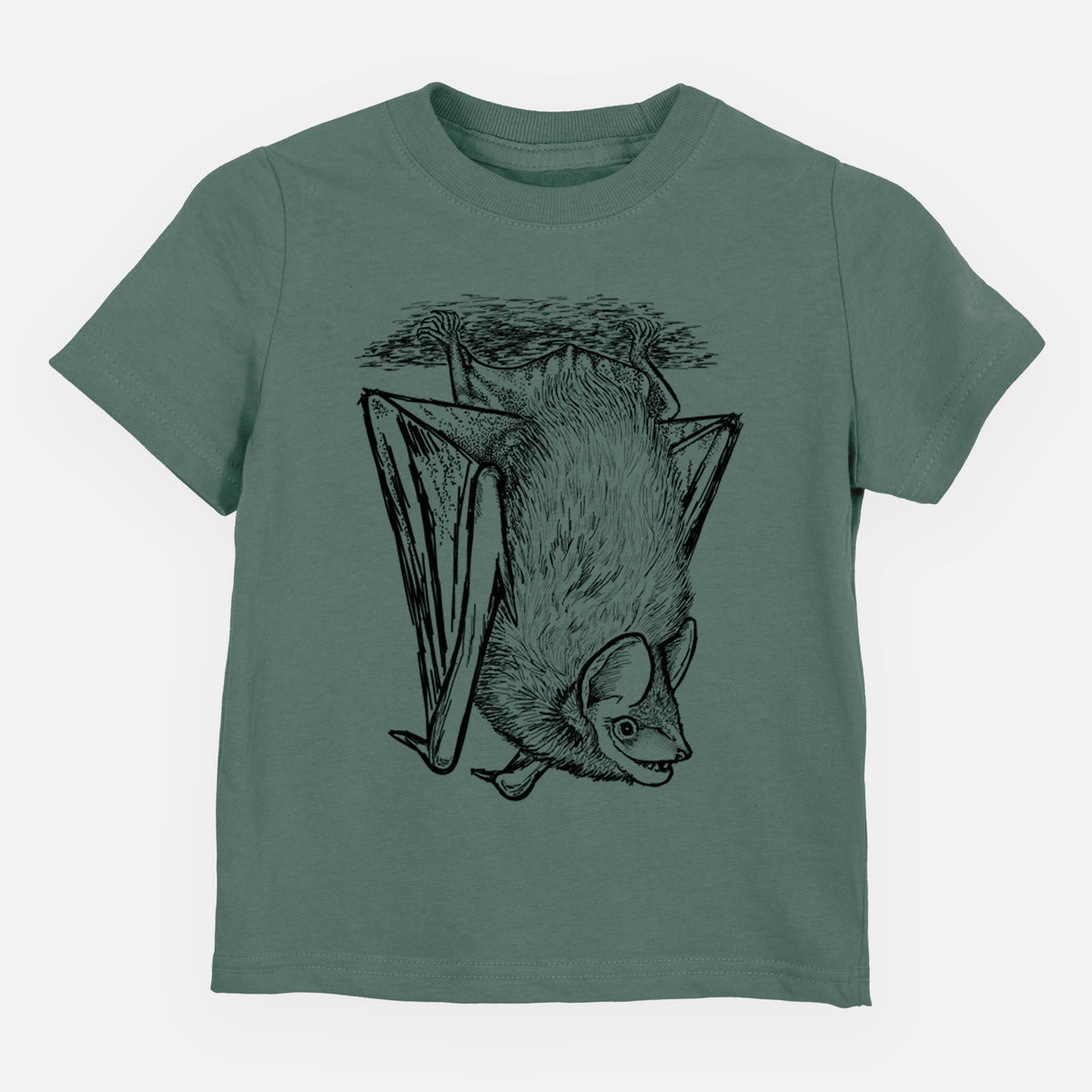 Basil green toddler t-shirt laid flat, printed with a detailed black ink illustration of a big brown bat hanging upside down.
