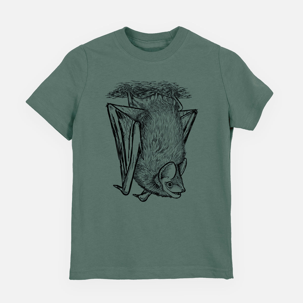 Basil green youth t-shirt laid flat, printed with a detailed black ink illustration of a big brown bat hanging upside down.
