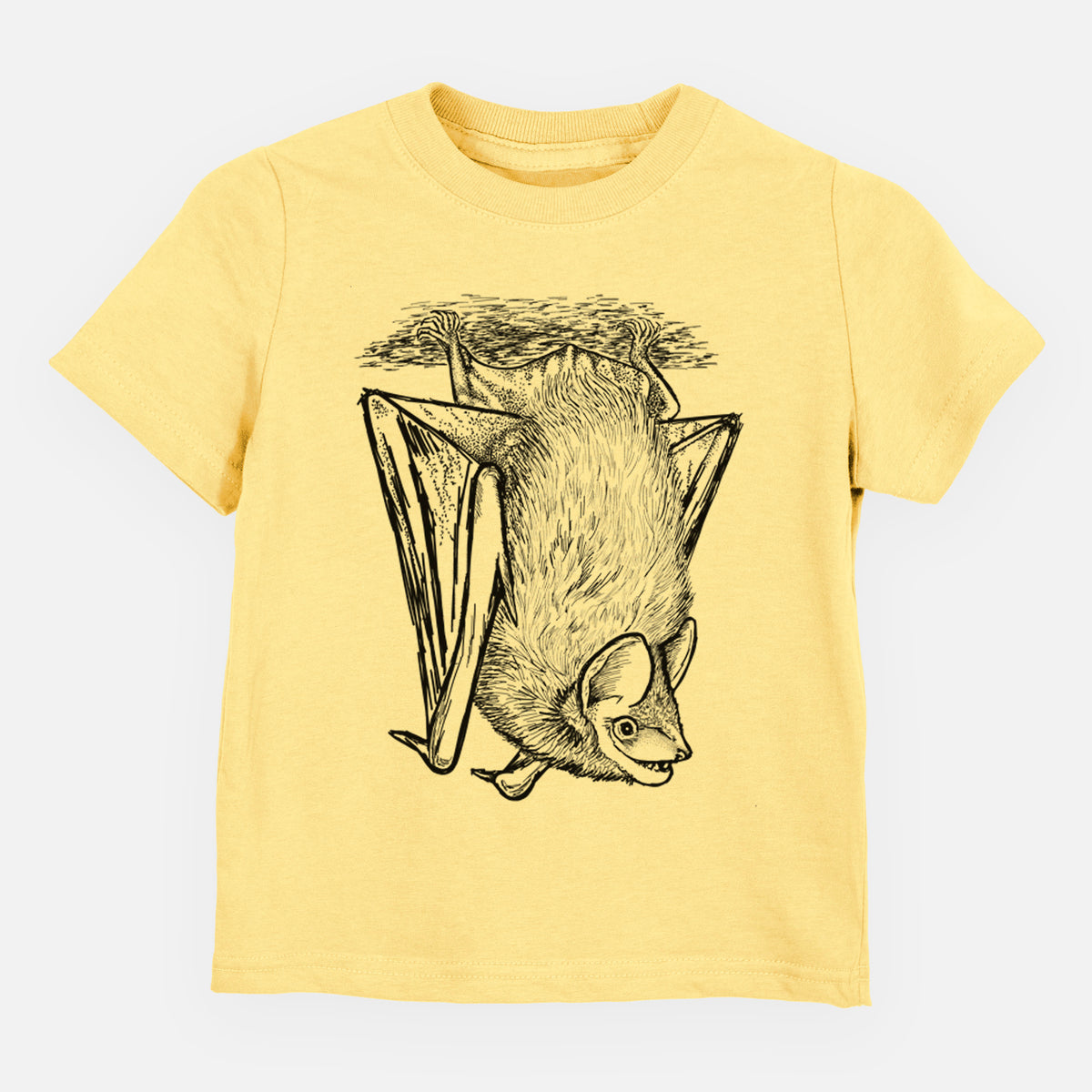 Butter yellow toddler t-shirt laid flat, printed with a detailed black ink illustration of a big brown bat hanging upside down.