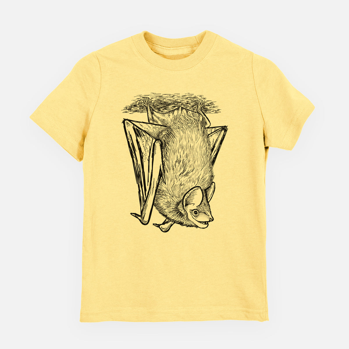 Butter yellow youth t-shirt laid flat, printed with a detailed black ink illustration of a big brown bat hanging upside down.