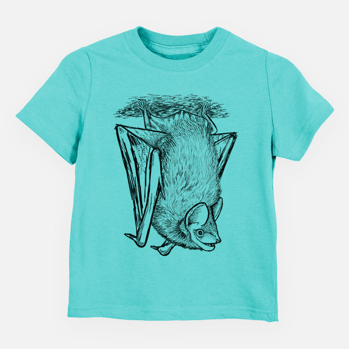 Caribbean blue toddler t-shirt laid flat, printed with a detailed black ink illustration of a big brown bat hanging upside down.