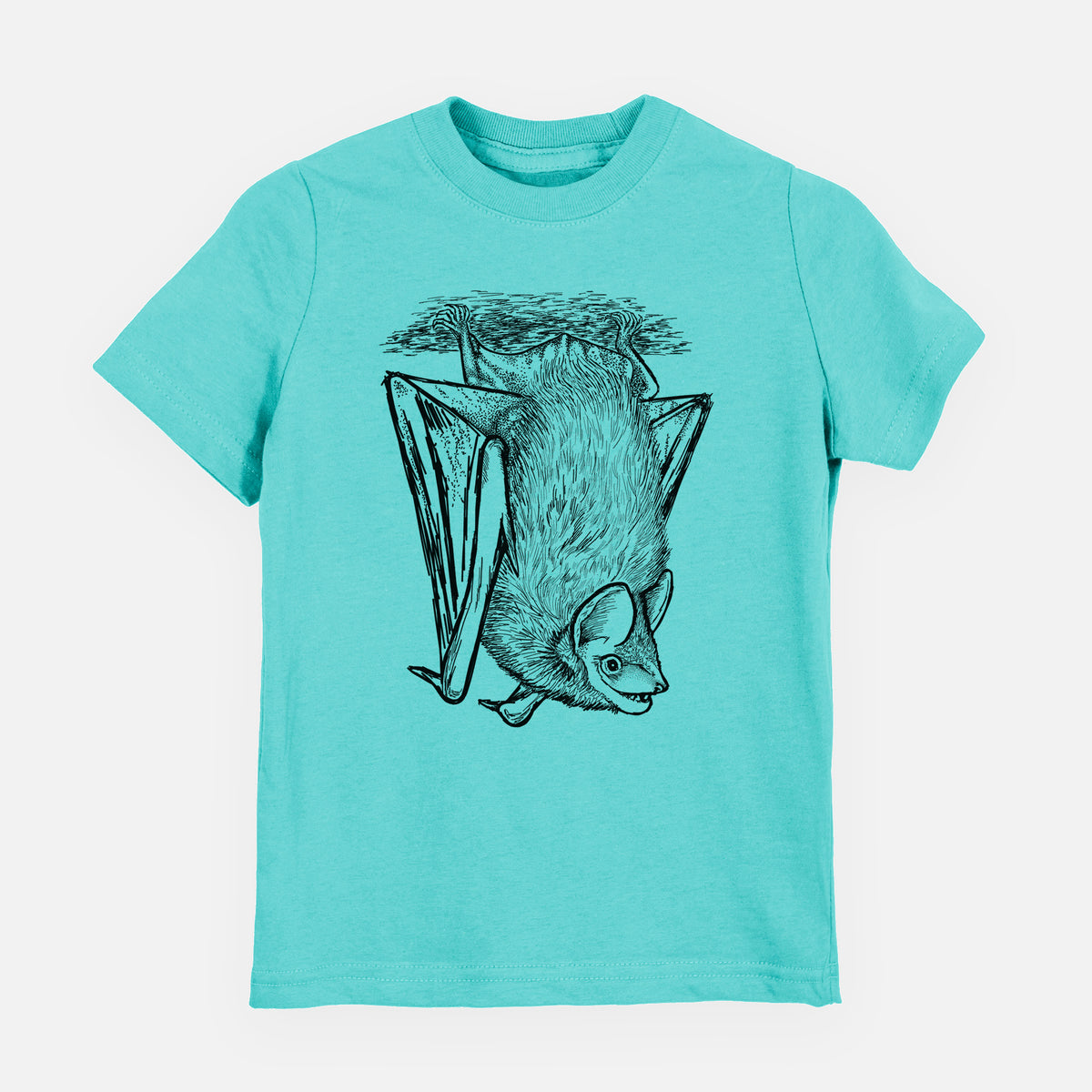 Caribbean blue youth t-shirt laid flat, printed with a detailed black ink illustration of a big brown bat hanging upside down.