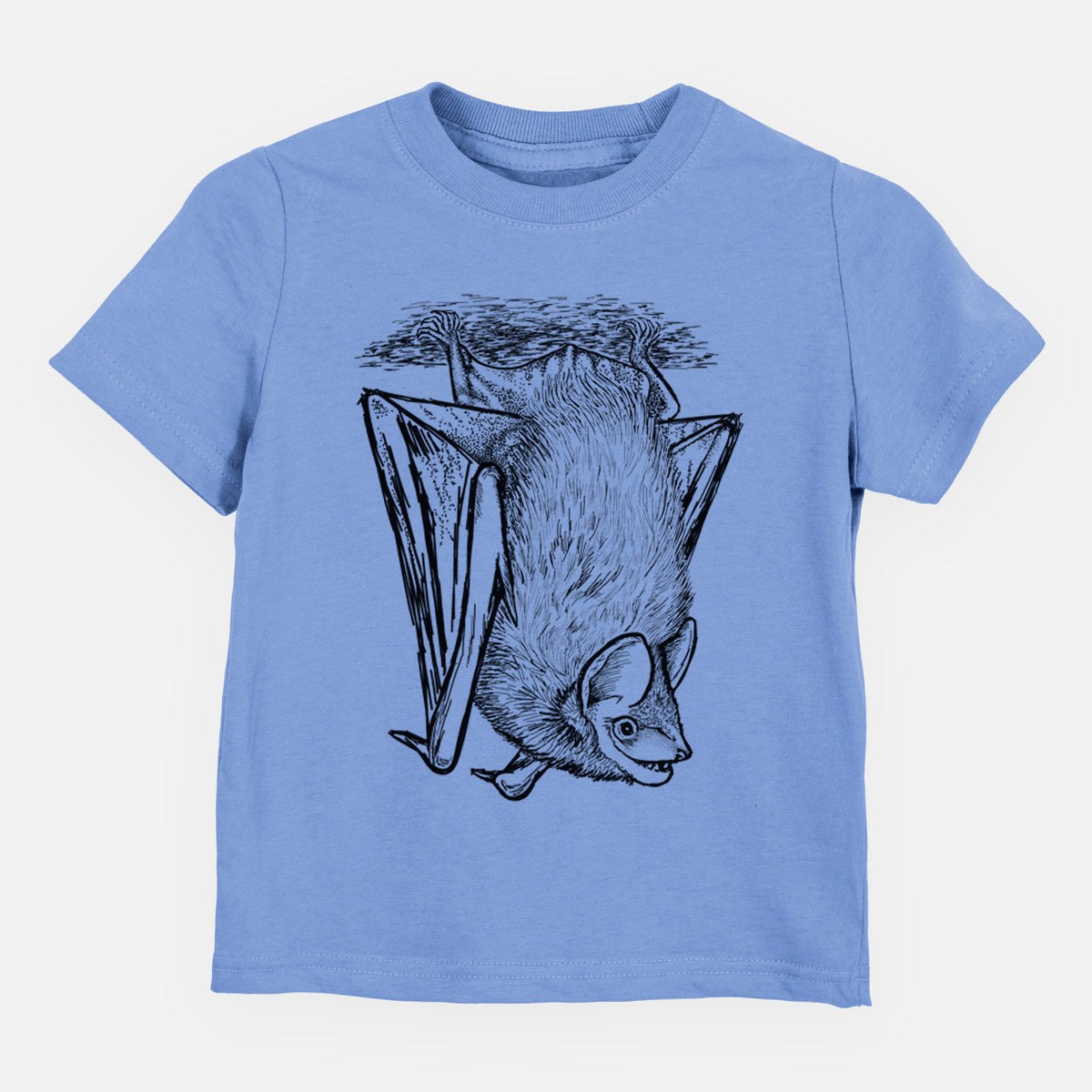 Carolina blue toddler t-shirt laid flat, printed with a detailed black ink illustration of a big brown bat hanging upside down.