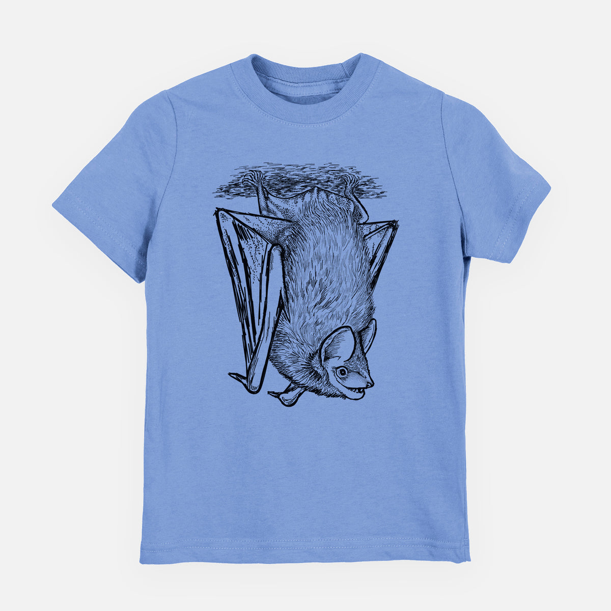 Carolina blue youth t-shirt laid flat, printed with a detailed black ink illustration of a big brown bat hanging upside down.