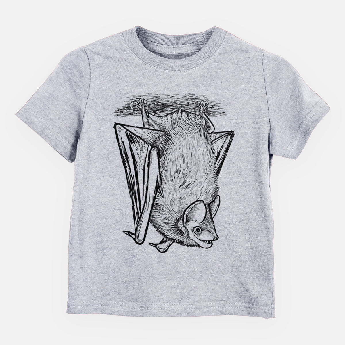 Heather grey toddler t-shirt laid flat, printed with a detailed black ink illustration of a big brown bat hanging upside down.