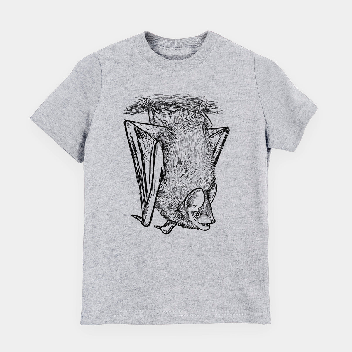 Heather grey youth t-shirt laid flat, printed with a detailed black ink illustration of a big brown bat hanging upside down.