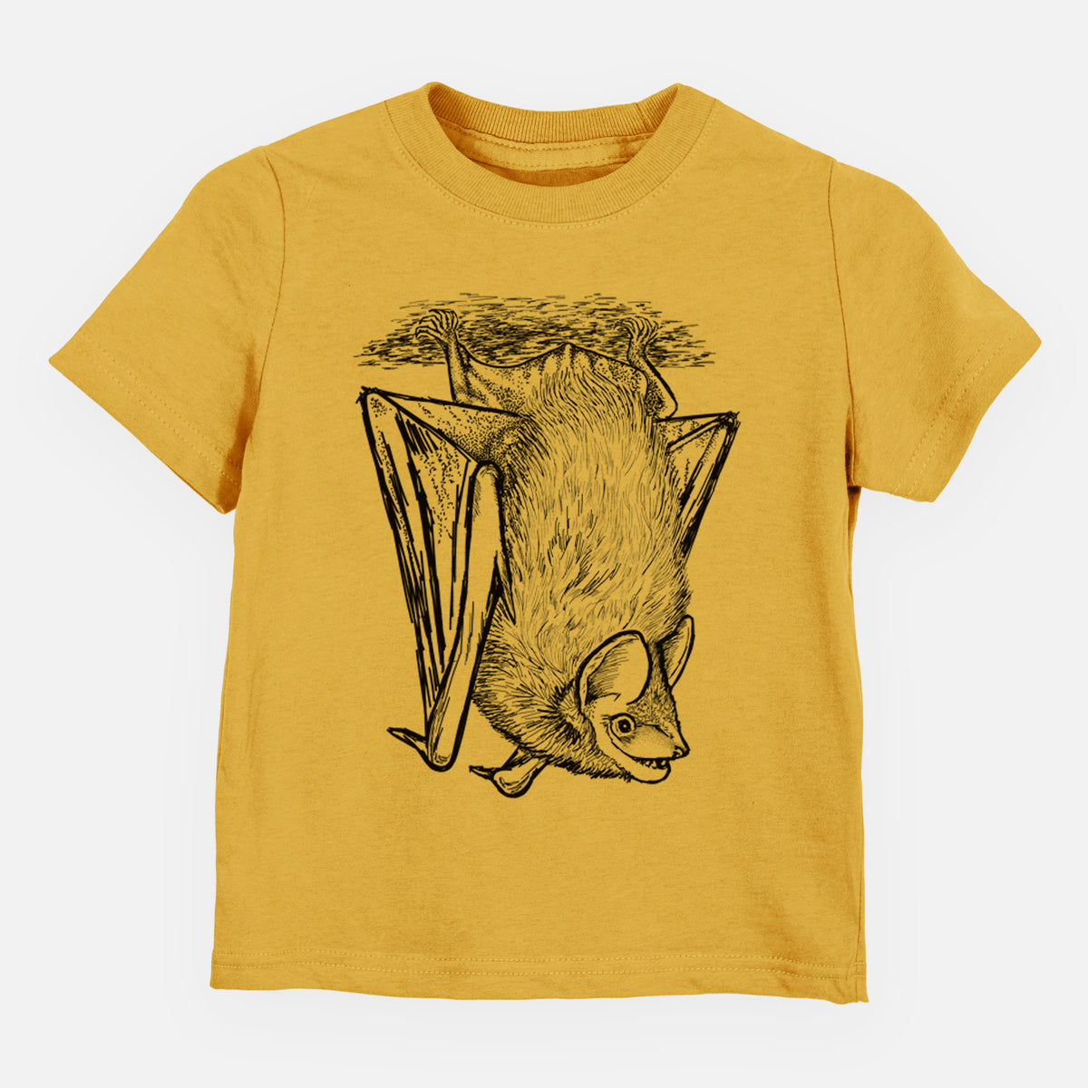 Honeycomb yellow toddler t-shirt laid flat, printed with a detailed black ink illustration of a big brown bat hanging upside down.