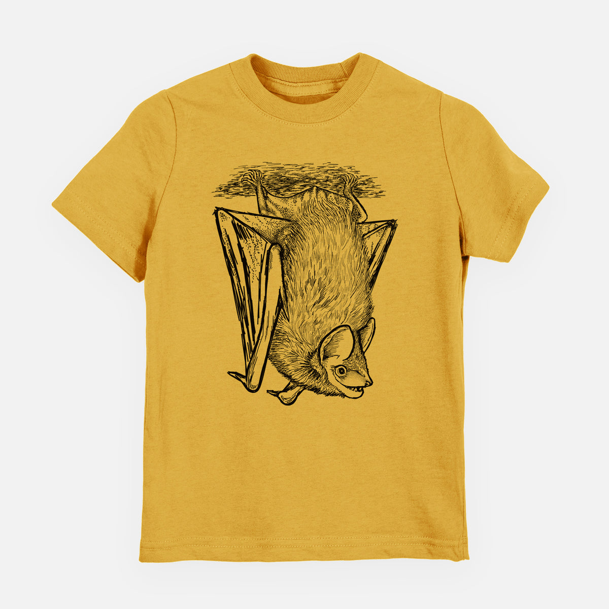 Honeycomb yellow youth t-shirt laid flat, printed with a detailed black ink illustration of a big brown bat hanging upside down.