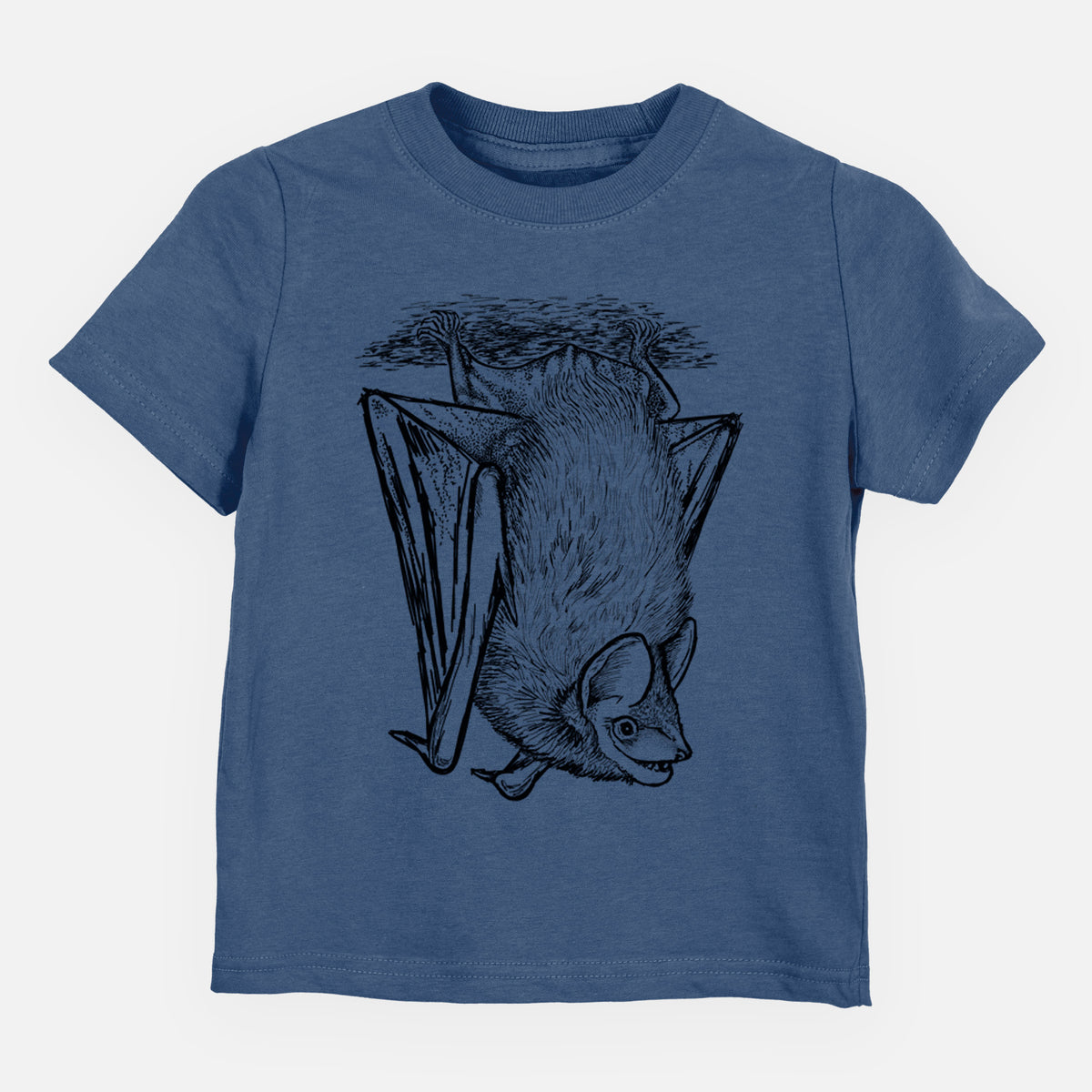 Indigo blue toddler t-shirt laid flat, printed with a detailed black ink illustration of a big brown bat hanging upside down.