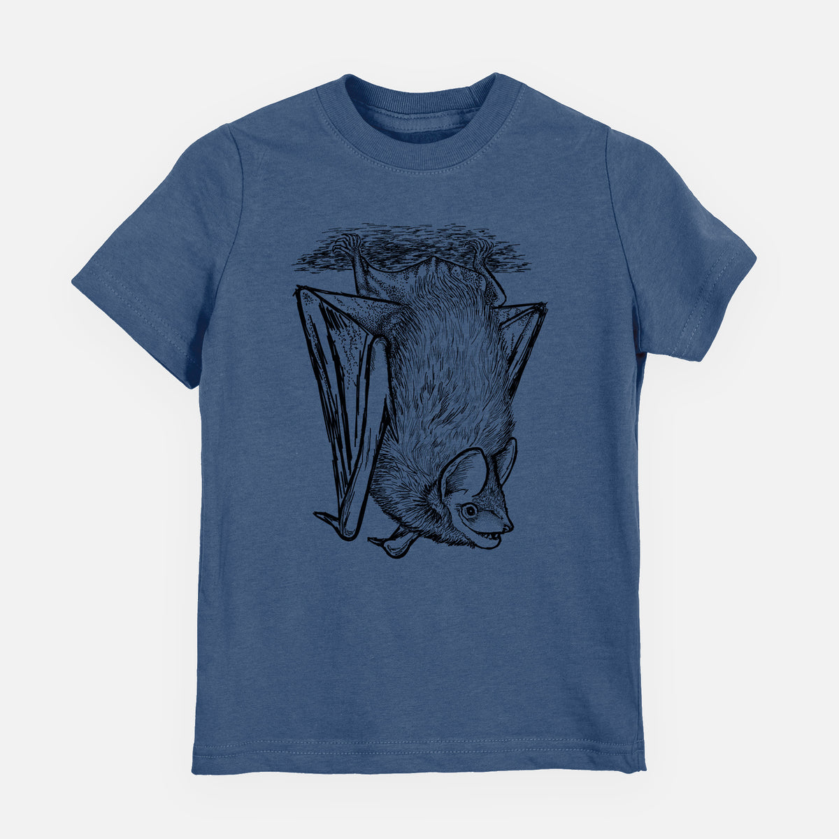 Indigo blue youth t-shirt laid flat, printed with a detailed black ink illustration of a big brown bat hanging upside down.
