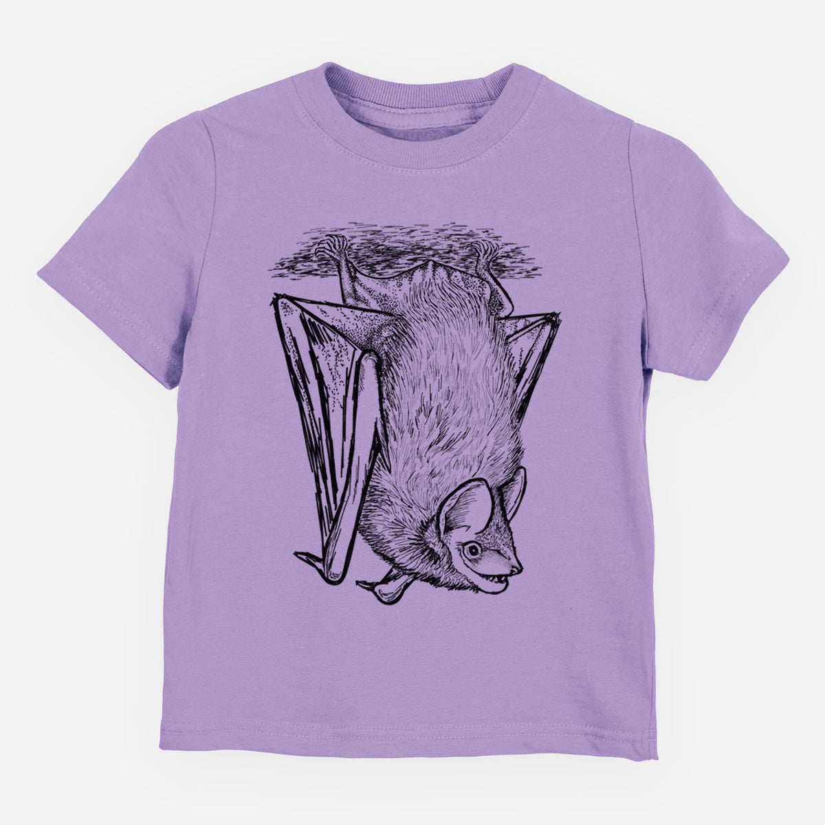 Lavender toddler t-shirt laid flat, printed with a detailed black ink illustration of a big brown bat hanging upside down.