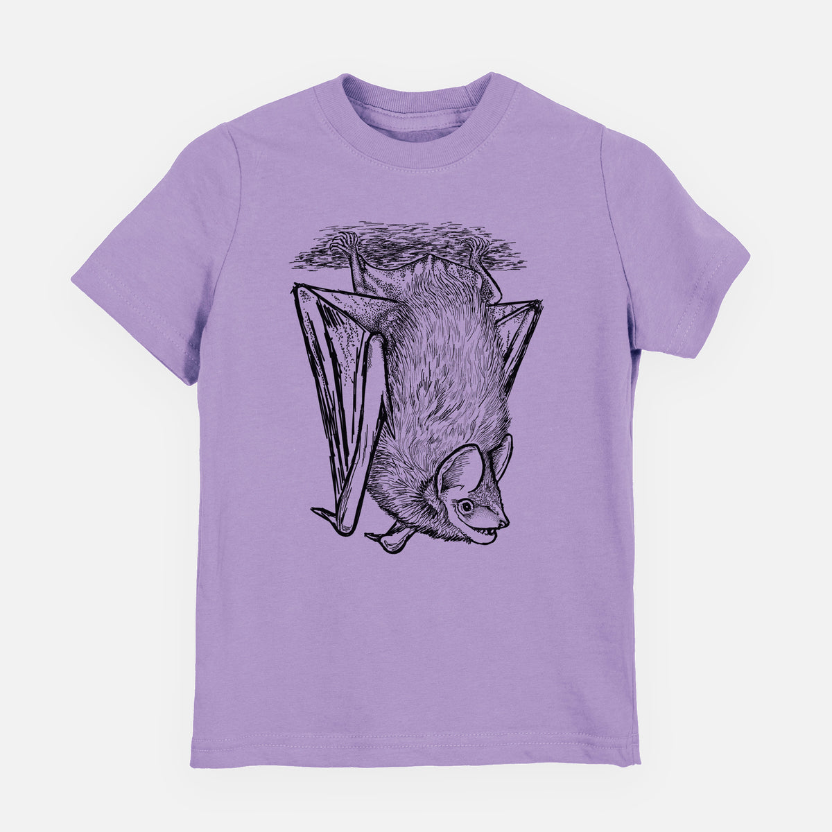 Lavender youth t-shirt laid flat, printed with a detailed black ink illustration of a big brown bat hanging upside down.