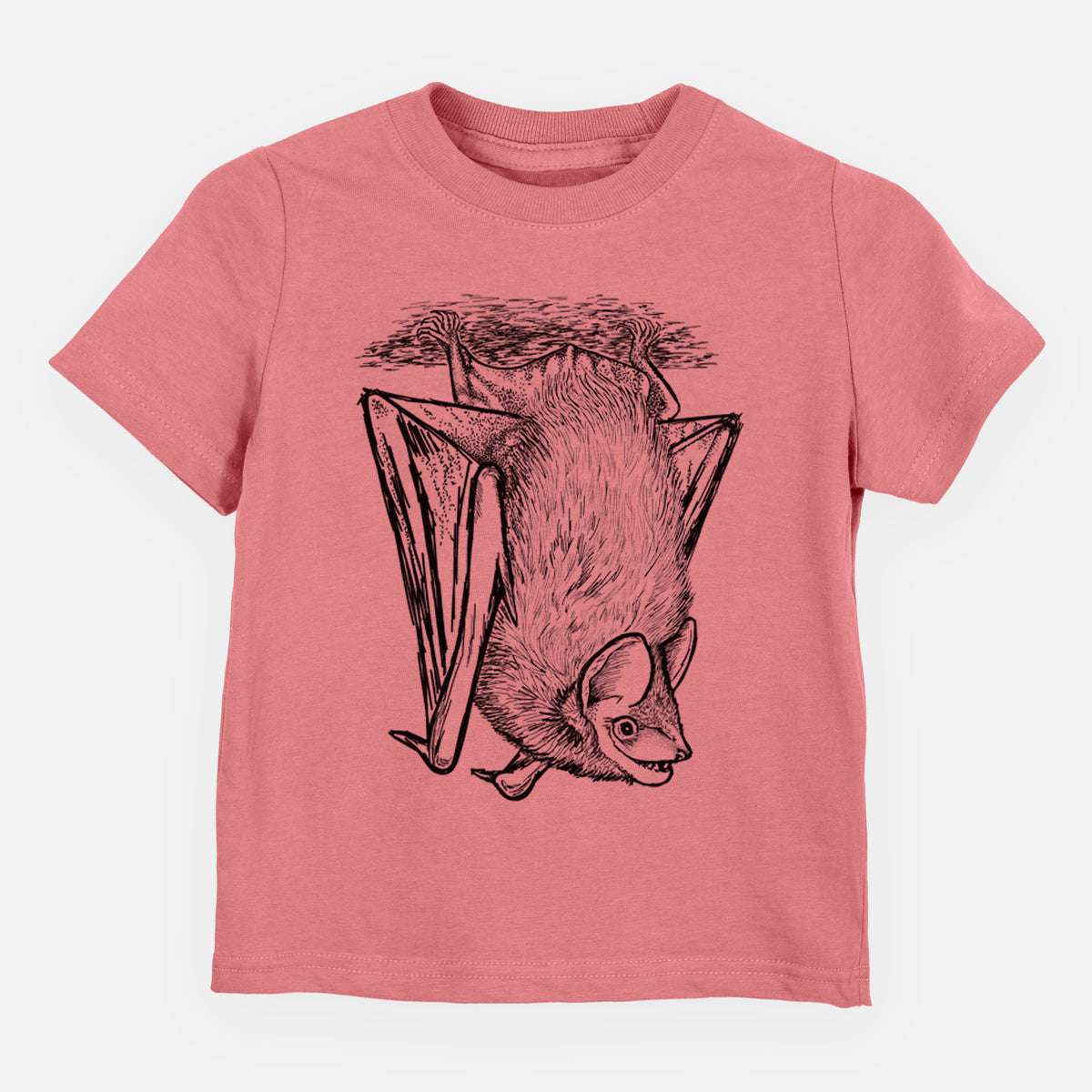 Mauve pink toddler t-shirt laid flat, printed with a detailed black ink illustration of a big brown bat hanging upside down.