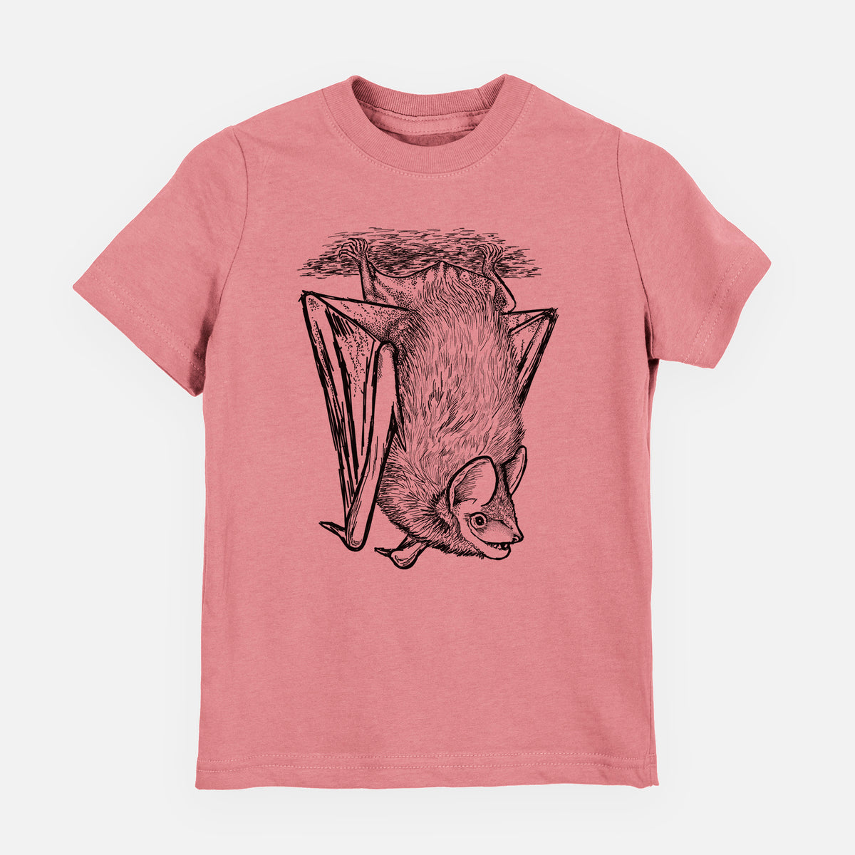 Mauve pink youth t-shirt laid flat, printed with a detailed black ink illustration of a big brown bat hanging upside down.