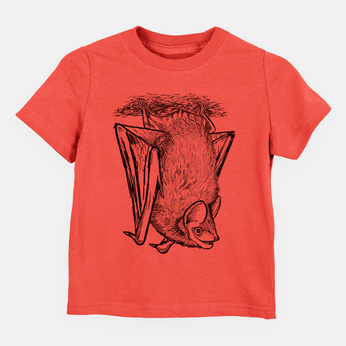 Passionfruit pink toddler t-shirt laid flat, printed with a detailed black ink illustration of a big brown bat hanging upside down.