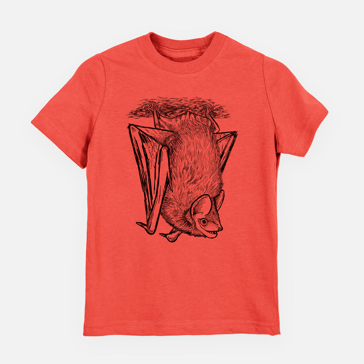 Passionfruit pink youth t-shirt laid flat, printed with a detailed black ink illustration of a big brown bat hanging upside down.