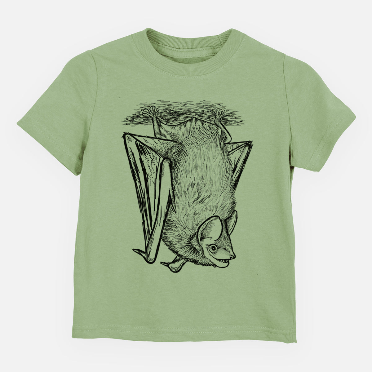 Sage green toddler t-shirt laid flat, printed with a detailed black ink illustration of a big brown bat hanging upside down.