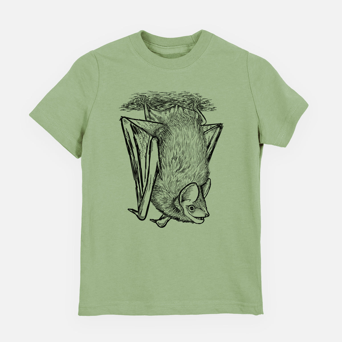 Sage green youth t-shirt laid flat, printed with a detailed black ink illustration of a big brown bat hanging upside down.