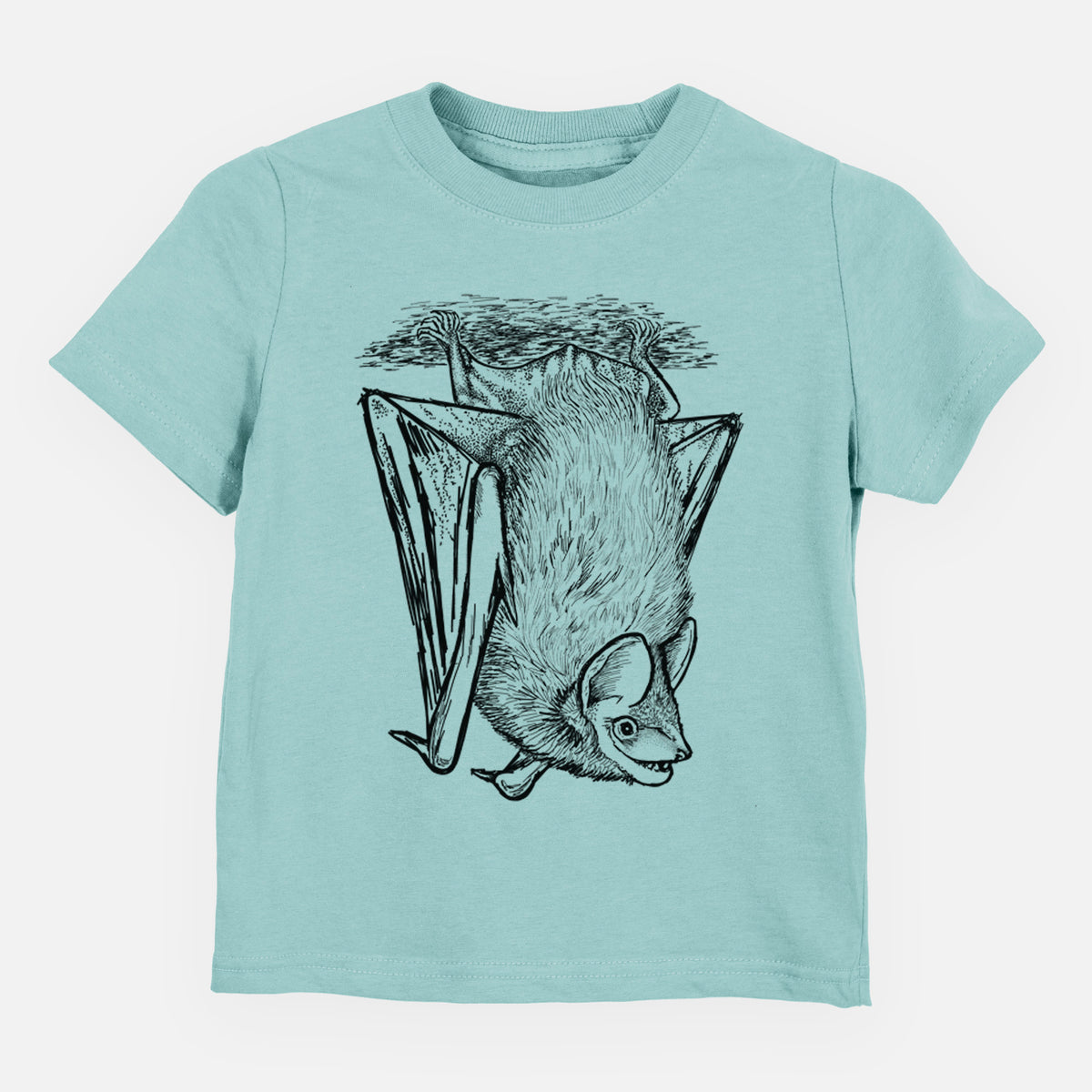 Saltwater toddler t-shirt laid flat, printed with a detailed black ink illustration of a big brown bat hanging upside down.