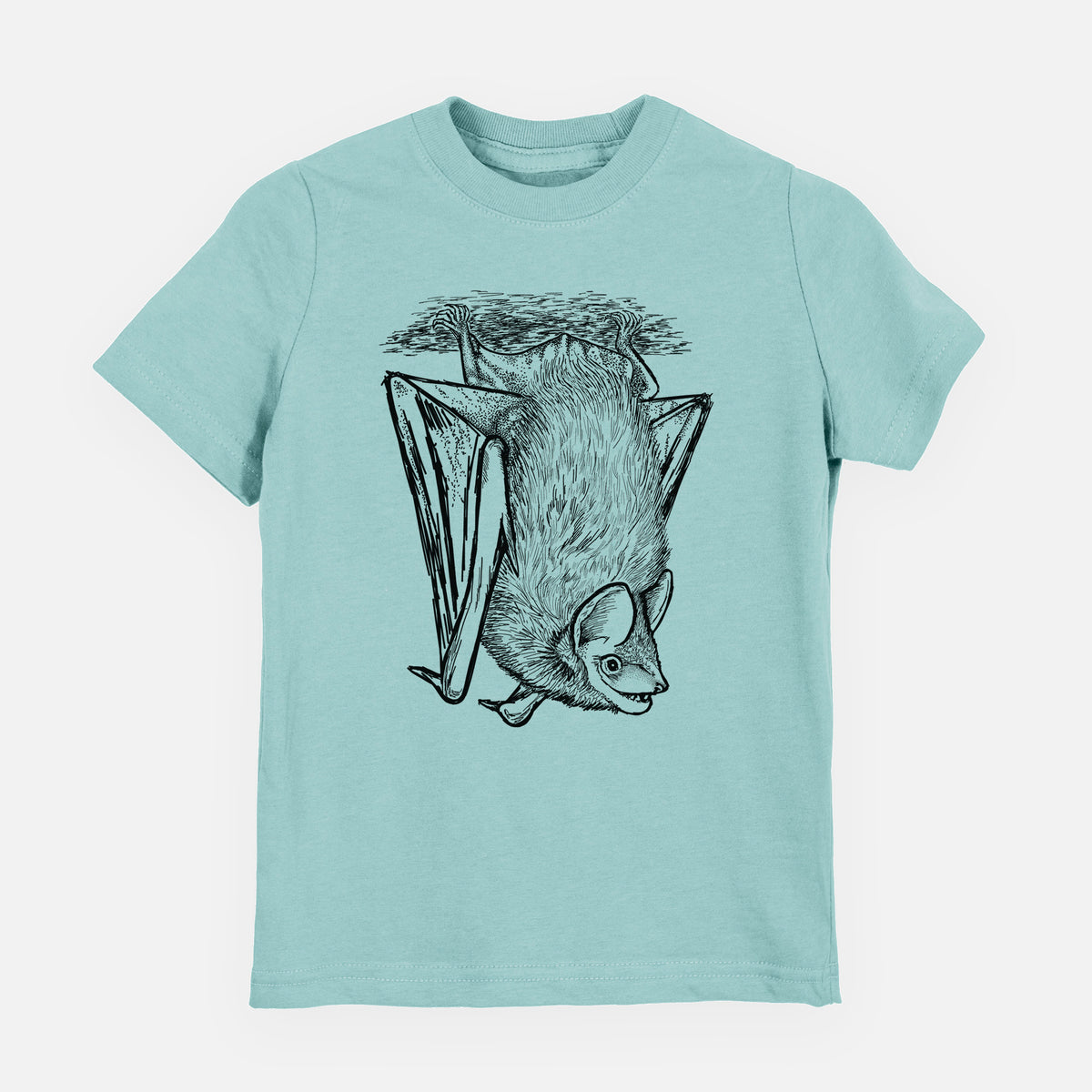 Saltwater youth t-shirt laid flat, printed with a detailed black ink illustration of a big brown bat hanging upside down.