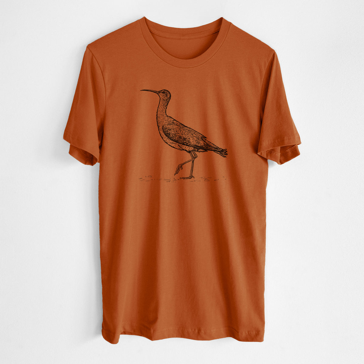 Autumn lightweight cotton t-shirt laid flat, printed with a detailed black ink illustration of an Eskimo curlew with its long curved bill, walking.