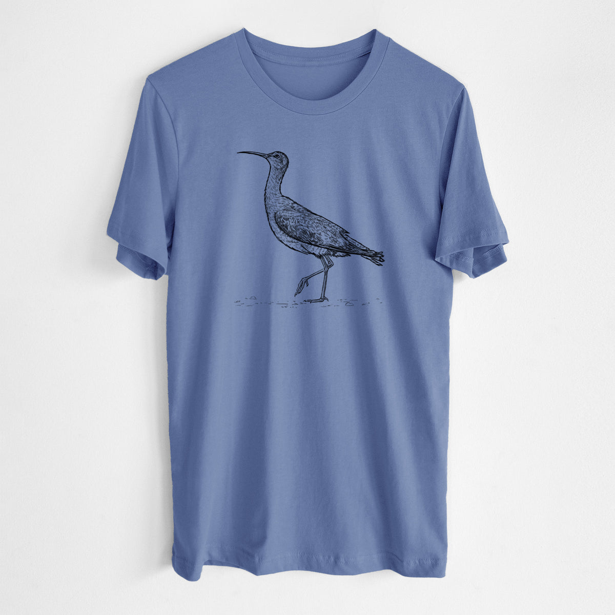 Blue bell lightweight cotton t-shirt laid flat, printed with a detailed black ink illustration of an Eskimo curlew with its long curved bill, walking.