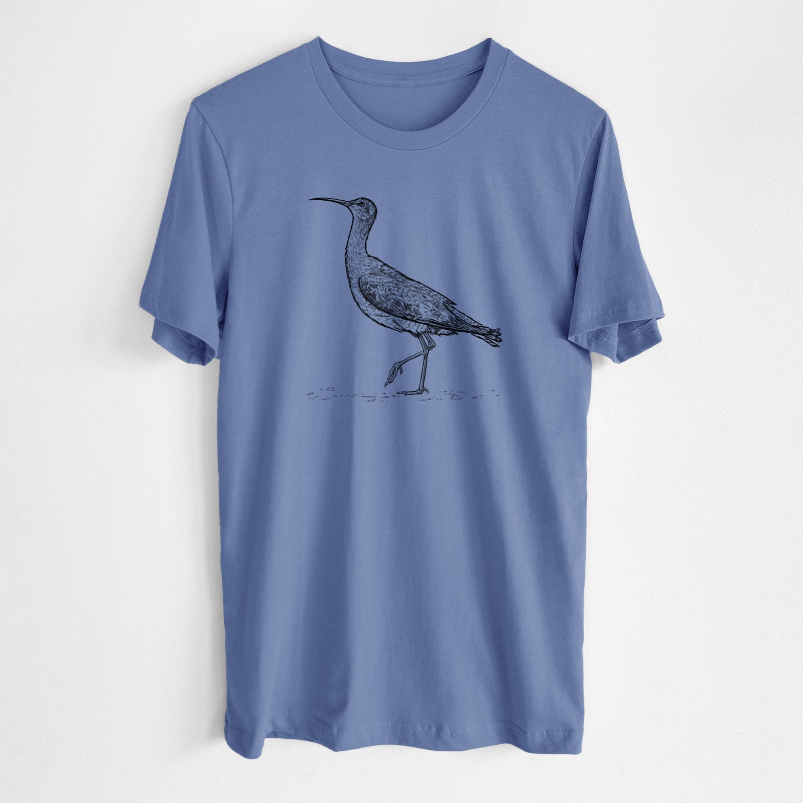 Blue bell lightweight cotton t-shirt laid flat, printed with a detailed black ink illustration of an Eskimo curlew with its long curved bill, walking.