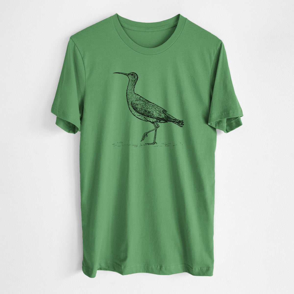 Leaf green lightweight cotton t-shirt laid flat, printed with a detailed black ink illustration of an Eskimo curlew with its long curved bill, walking.
