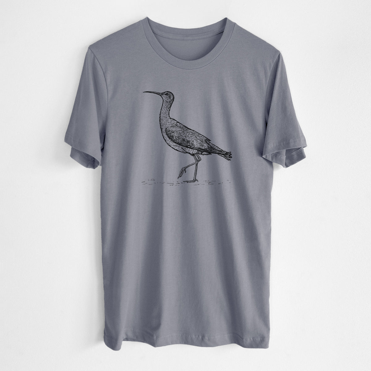 Storm grey lightweight cotton t-shirt laid flat, printed with a detailed black ink illustration of an Eskimo curlew with its long curved bill, walking.