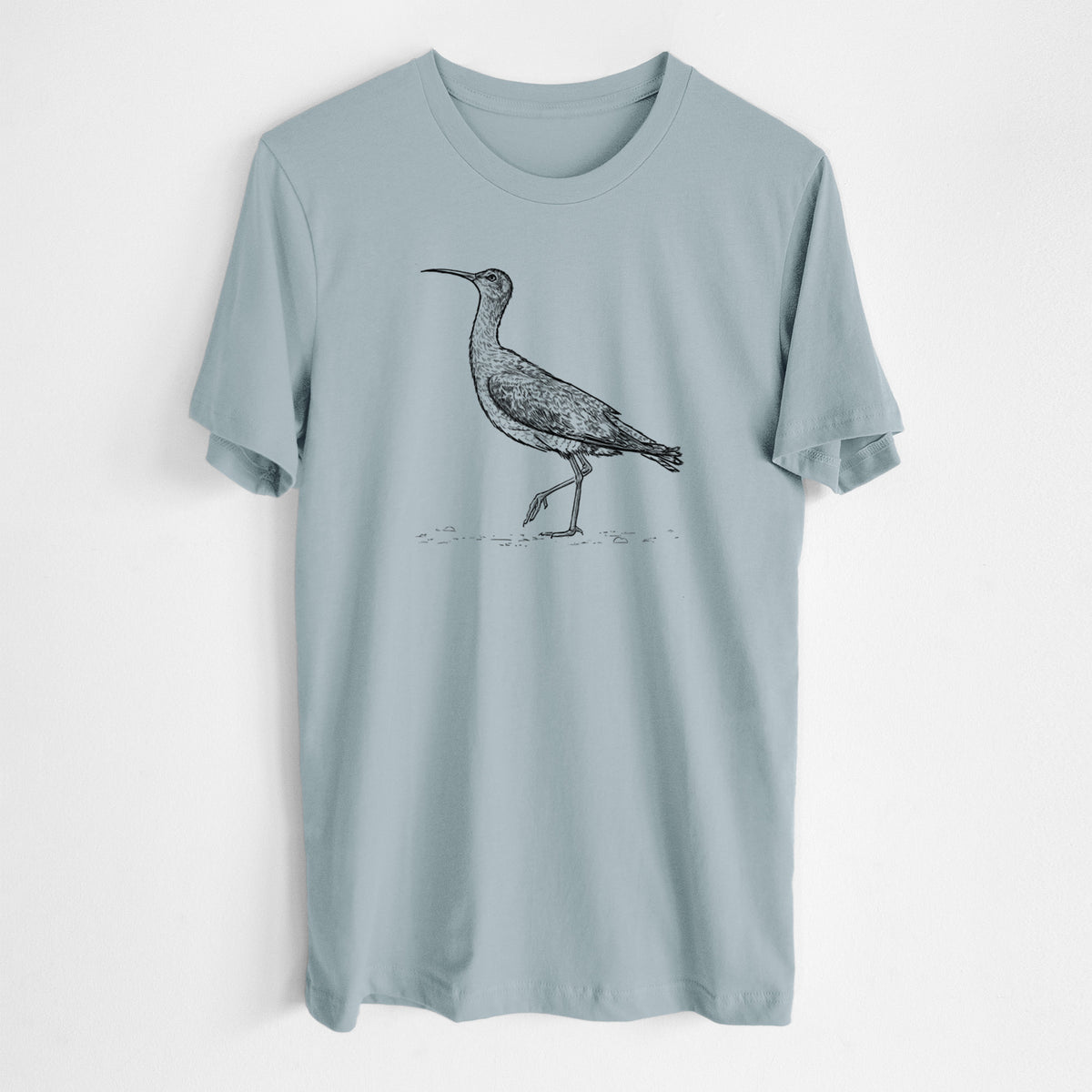 Vintage denim lightweight cotton t-shirt laid flat, printed with a detailed black ink illustration of an Eskimo curlew with its long curved bill, walking.