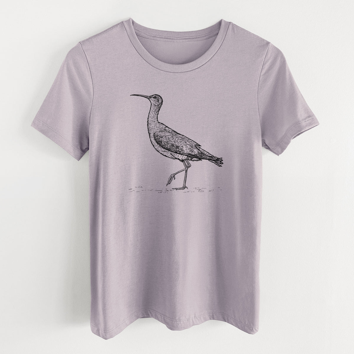 Light violet women's relaxed fit cotton t-shirt laid flat, printed with a detailed black ink illustration of an Eskimo curlew with its long curved bill, walking.