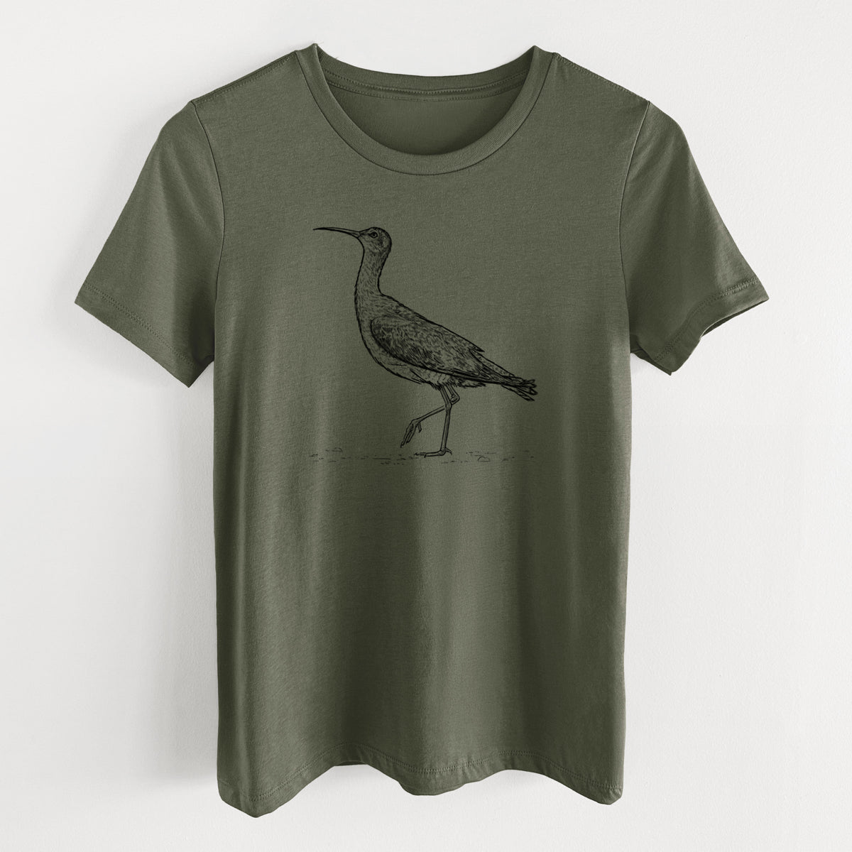 Military green women's relaxed fit cotton t-shirt laid flat, printed with a detailed black ink illustration of an Eskimo curlew with its long curved bill, walking.